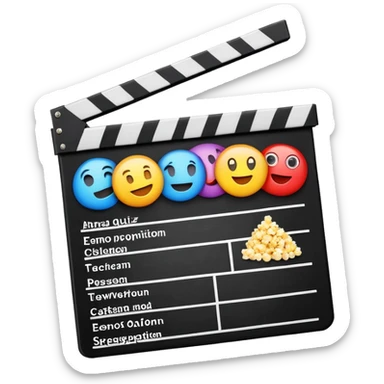 A colorful title slide for "The Emoji Movie Quiz" slideshow game with movie clapperboard, popcorn, and quiz elements arranged in presentation format sticker