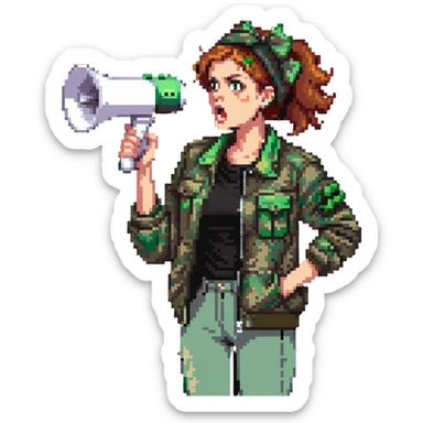 woman with a green headband, camo jacket, holding a megaphone, expression of disdain or anger, conveying dislike for elite people sticker