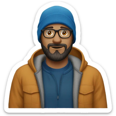 white man with a beard in a blue hoodie wearing a black carhartt beanie and clear glasses sticker