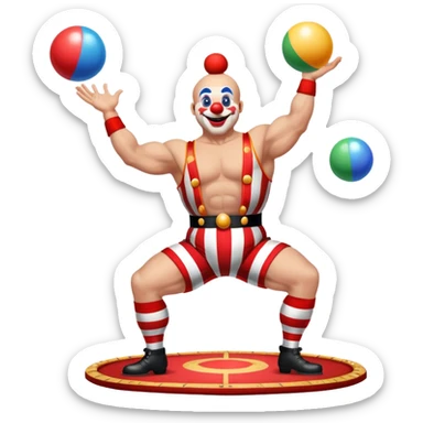 Icon for Circus Arts: a vibrant round circus arena with a strongman in a striped costume, a juggler performing and a clown entertaining the crowd. The icon should capture the energy and excitement of a circus performance. Transparent background. sticker