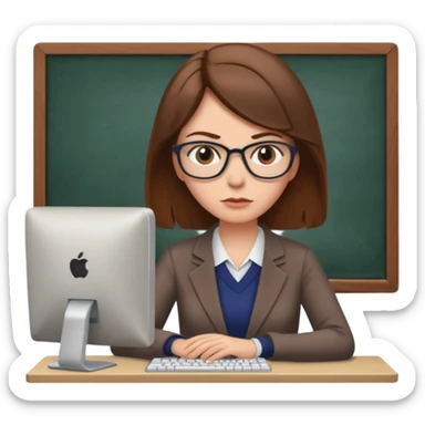 Uma mulher de cabelo castanho que é professora e um pouco brava a trabalhar no computador sem usar óculos sticker