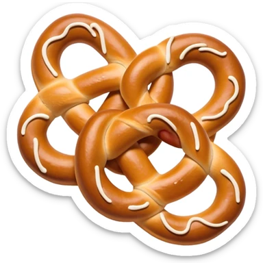 Cinematic Realistic Pretzels Dish Emoji, featuring freshly baked, twisted pretzels with a glossy, salted crust rendered with detailed textures and warm, appetizing lighting. sticker