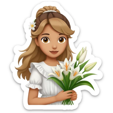  A girl with a half-up half-down hairstyle, and a white ruffled top, enjoying the spring breeze.Holding a bundle of lily sticker
