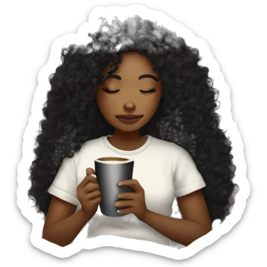 White skin color black curly hair girl inside a blanket sipping coffee şeyes closed sticker