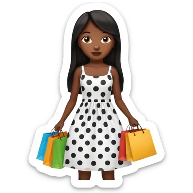 black girl with long straight hair and white dress with black dots holding shopping bags  sticker
