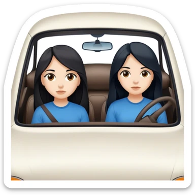 Two girls both with black long hair brown eyes different one with a blue shirt one with a black shirt in a white car driving to a destination sticker