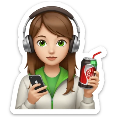 a girl with brown hair blonde ends green eyes phone in hand with diet coke and wearing headphones sticker
