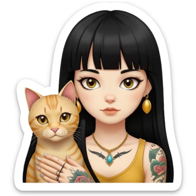 girl with long black  straight bangs hair and tattoos and a golden-shared cat sticker