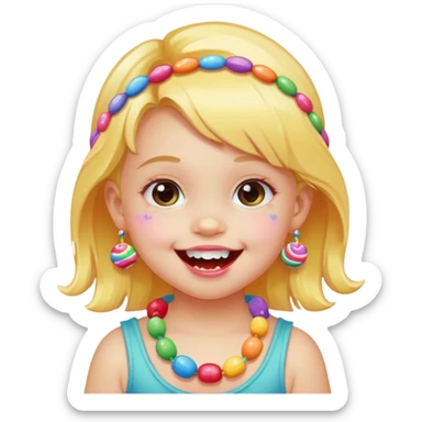 A toddler with candy necklace, grinning with colorful sugar stains on her mouth. sticker