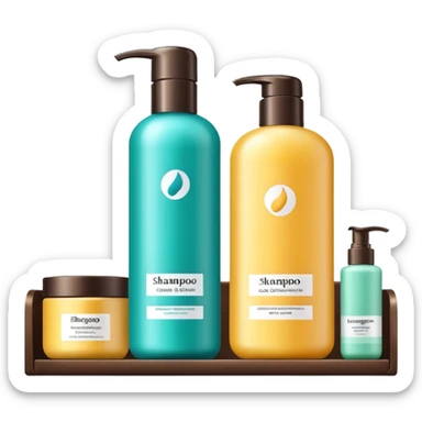 Shampoo bottle, color tube, and conditioner standing on a shelf, products are luxury brand-labeled sticker