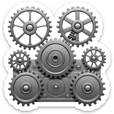 emoji-style card back greyscale, hypnotic symmetrical machine, moving gears cogs mechanical arms, single functioning device sticker