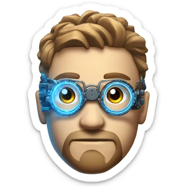 Male cyborg head with light brown hair, light brown beard, blue glowing steampunk glasses, circuits, wires  sticker