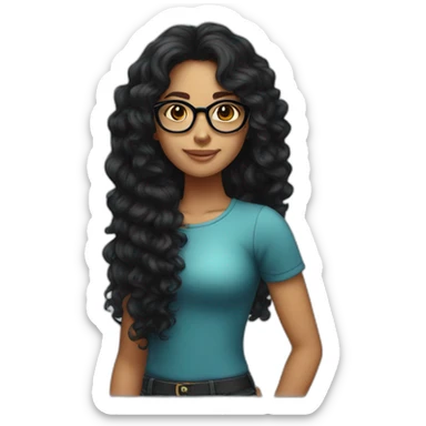 tanned girl with long black curly hair and round glasses sticker