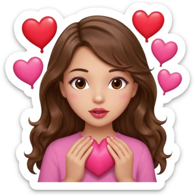 girl with long wavy brown hair, brown eyes, light to medium complexion, in a pink shirt, pink lips, long lashes, puckering up for a kiss, many  hearts in hand sticker