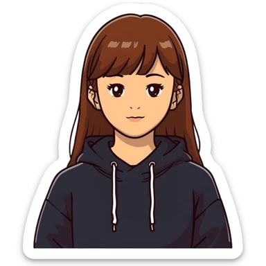 Light skinned girl with brown eyes, long brown hair with bangs, wearing a black sweatshirt sticker