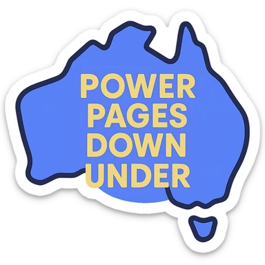 modern clean icon of Australia map with no border, text 'Power Pages Down Under' in bold geometric font, color scheme #403DAD, vibrant purple, #fff7ad, no Power Pages icon, no digital overlays sticker