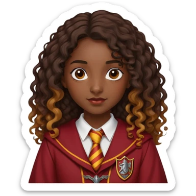 Alicia Spinnet in harry potter, wear hogwarts gryfindor uniform, long, dark, curly or wavy hair, dark skin sticker