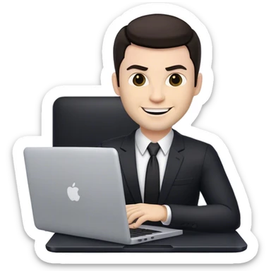memoji of a white male realtor with a laptop in front, modern, dark hair, evil smile sticker