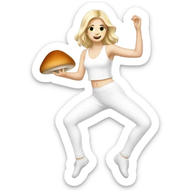 White Girl wearing an all white dancing outfit dancing with a mushroom  sticker