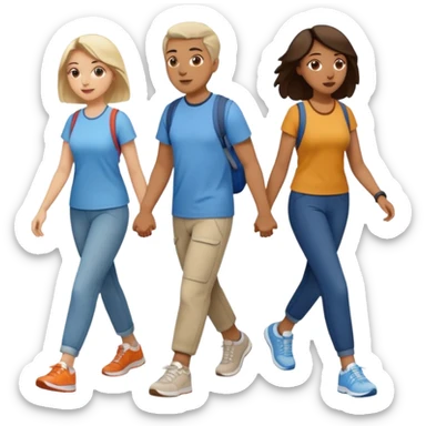 iOS emoji style - a men and 2 women in casual clothes and wearing trainers. Walking in the same direction quickly together. 
Not holding hands. 
 sticker