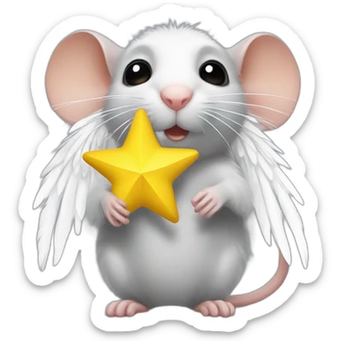rat with white feather wings who is holding a yellow star sticker