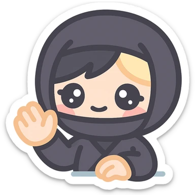 Make the art style more anime: kawaii chibi ninja girl with black short hair and a blonde streak, only head and arms, big sparkling anime eyes, rounder face, small mouth, soft shading, pastel colors, clean outlines, transparent background, no mask, hand halfway up, smiling, sized for Twitch emoji use. sticker