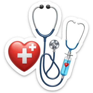 An icon featuring a stethoscope, a medical syringe, and a heart, symbolizing medicine. The design includes a caduceus, a first aid kit, and a microscope, representing the study of health, diagnosis, and treatments. Transparent background highlights the science of medical care and healing. sticker