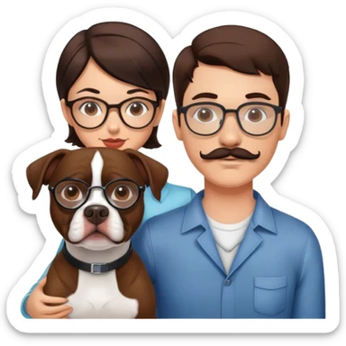 young couple brunette man w wire glasses and mustache and brunette girl with bob and a brown pitbull boston terrier  sticker