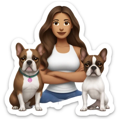 latin women with long brown hair in yoga outfit standing alongside two french bulldogs  sticker