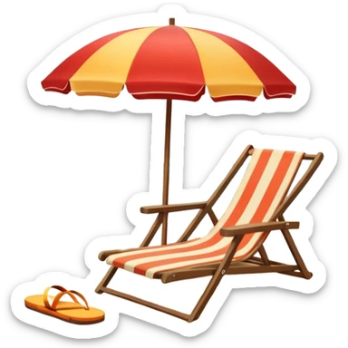 Icon for Beach Tourism: a sunny beach with the sea and waves, a lounge chair, a sun umbrella, and flip-flops on the sandy shore. The background should be a clear, vibrant ocean view with the sun shining brightly. Transparent background. sticker