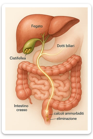 A realistic, educational medical illustration showing the human digestive tract focusing on the liver, gallbladder, bile ducts, and intestines. The gallbladder is depicted with small gallstones inside. A soft glowing arrow indicates the flow of bile and small stones moving naturally from the gallbladder through the bile ducts into the intestines. In the colon, small softened gallstones are shown being prepared for elimination, symbolizing their removal through bowel movements. The style is clean, precise, and clear with soft anatomical colors (greens, soft reds, and yellows) and faint glowing arrows to illustrate the process. The background is a subtle neutral gradient to keep the focus on the organs and the pathway. The image conveys the concept of natural gallstone elimination through the intestines via the stool in a clear, non-graphic, and educational way in italiano sticker