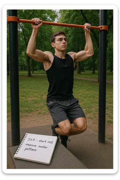 Giovane principiante dello streetlifting in un parco, fisico ancora asciutto, esegue lunghe serie di trazioni senza peso, con tecnica controllata. A terra, un taccuino con scritto '5x8 - riposo breve - migliorare schema motorio'. Espressione concentrata. Luce naturale, atmosfera educativa, senso di costruzione progressiva. sticker