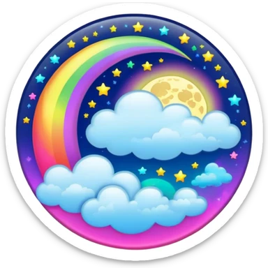 Beveled button with shine, Neon rainbow colored damask style full moon with stars and clouds in the center sticker