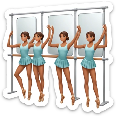Icon for Choreography: a group of dancers in identical poses, standing by a wall with mirrors, holding a long barre with one hand. The icon should capture the discipline and synchronized movement of dance training. Transparent background. sticker