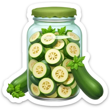 A homemade-style jar with sliced zucchini and herbs under a cloth cap.









 sticker