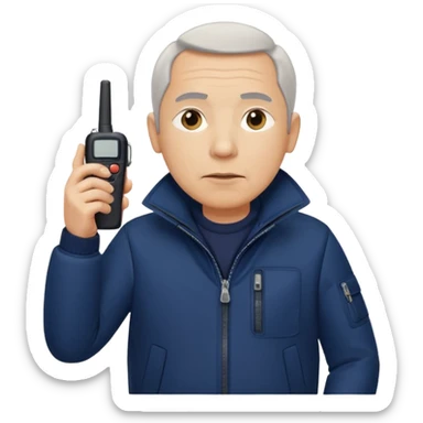 Security, Middle-aged, wearing navy blue jacket, serious facial expression, holding walkie-talkie, full body sticker