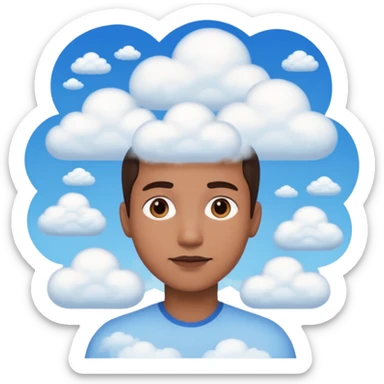 person from shoulders up, front view, composed of small clouds, bright and recognizable sticker