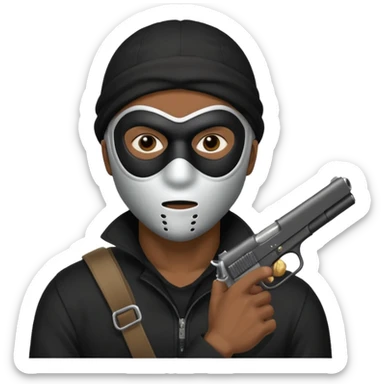 A black male in a robber mask with a gun sticker