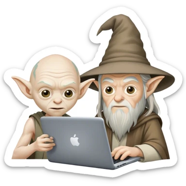 gollum and gandalf working with laptop sticker