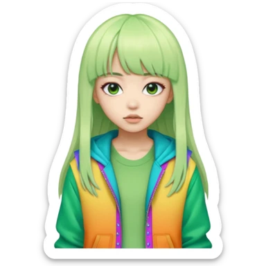  portrait-of-a-green skin alien-k-pop-idol,-wearing-a-stylish-streetwear-outfit-with-layered-colorful-clothing,-long-hair-with-bangs,-makeup,- sticker
