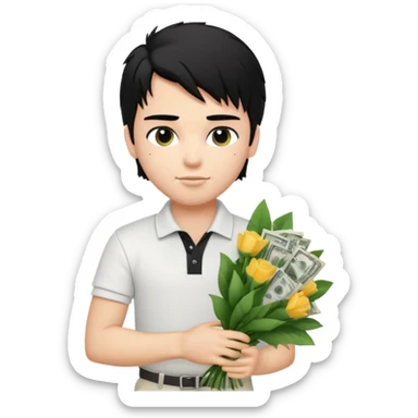 generate a pretty fair bratz boy with a messy mullet (black hair), wearing a white polo.  carrying a bouquet made of CASH. expensive car behind him sticker