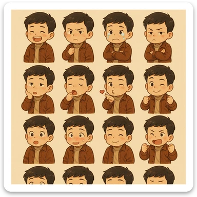 Convert the image into a set of chibi stickers (4x4 grid) outfit similar to this one including expressions of laughing being angry, crying, sulking, thinking, being sleepy, blowing kiss,winking, being suprised sticker