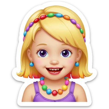 A toddler with candy necklace, grinning with colorful sugar stains on her mouth. sticker