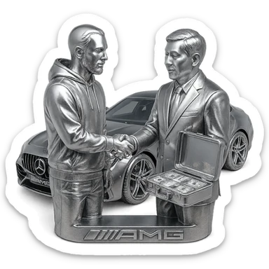 A white man with a goatee in a chrome hoodie, shaking hands with a Chinese man, giving him a briefcase of money, with an AMG car behind them. sticker