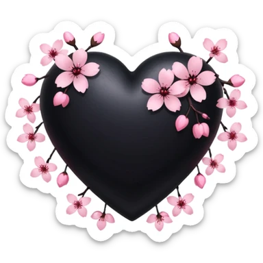 goth sakura heart, black heart with pink cherry blossom petals, cute and dramatic sticker