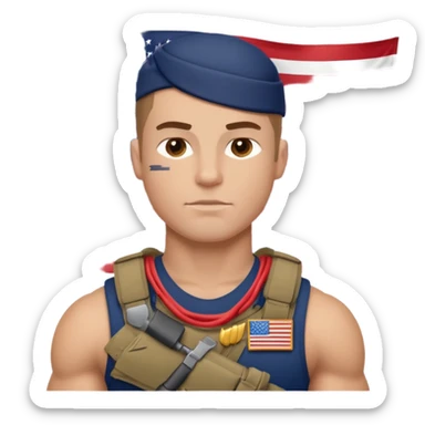 generate white powerful american soldier with small usa flag on shoulder sticker