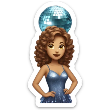 female with brown wavy hair dressed in a party dress and disco ball sticker