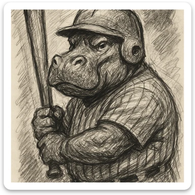 hippo holding a baseball bat, wearing a yellow helmet, pinstripes outfit sticker