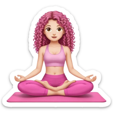 fair skinned, brown eyed, beautiful long haired curly girl, pink clothes, pink pants, sitting on a yoga mat. sticker