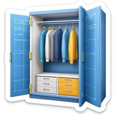 Icon for Furniture Design: a close-up view of a 3D wardrobe on a blueprint, with a measuring tape alongside. The icon should represent precision and the design process in furniture creation. Transparent background. sticker